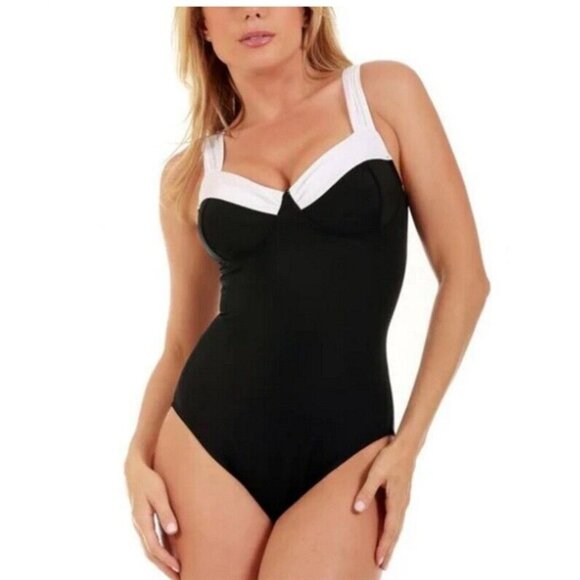 NWT Instant Figure 14 CONTRAST TRIM Tuxedo 1 Pc SWIMSUIT 13496P 97391 - Picture 1 of 2